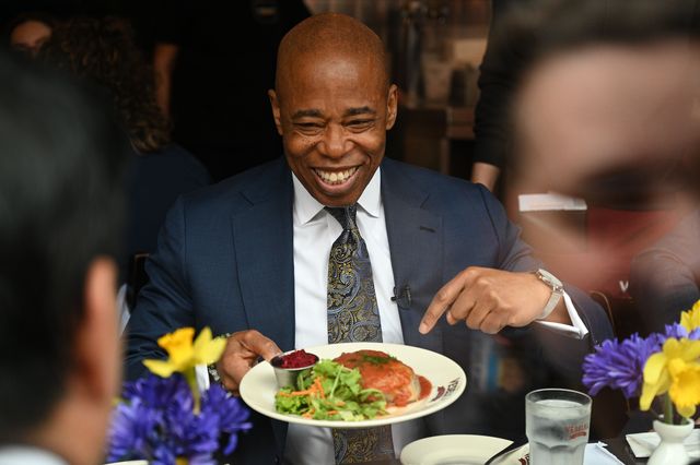 Mayor Eric Adams dines inside Veselka restaurant in the East Village on March 7, the first day the city no longer required proof of vaccination for patrons.